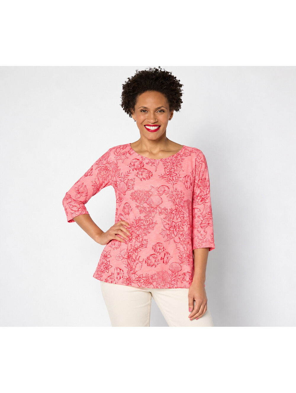 Quacker Factory Let's Get Tropical Embellished 3/4-Sleeve Top Hot Coral, Size 2X